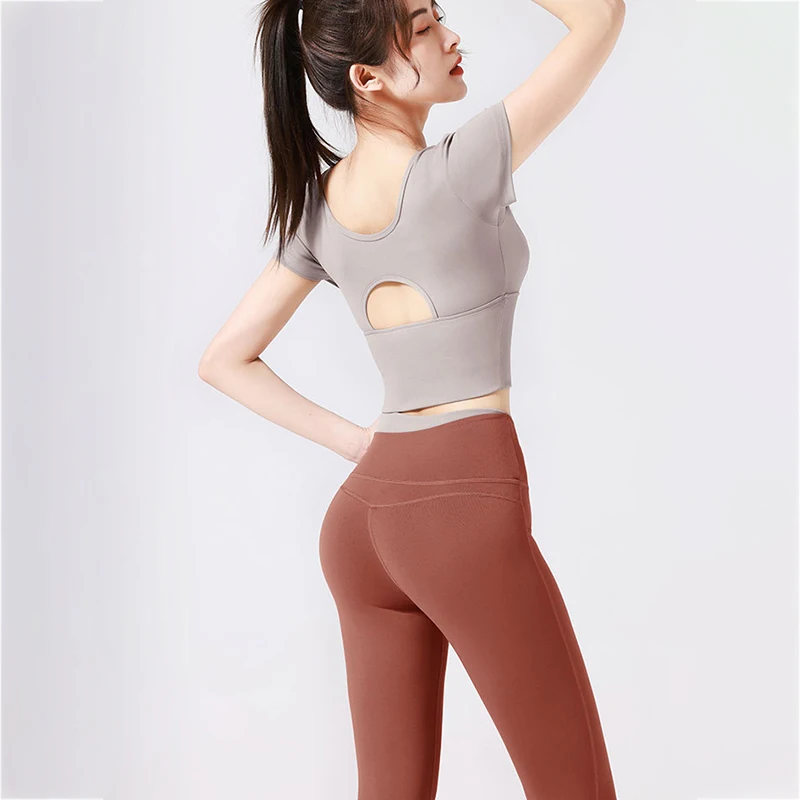 

Bauhinia Women Patchwork Yoga Suit 2Pcs Sports Clothes New Hollow Out T-Shirts High Waist Push Up Leggings Women Fitness Set Gym