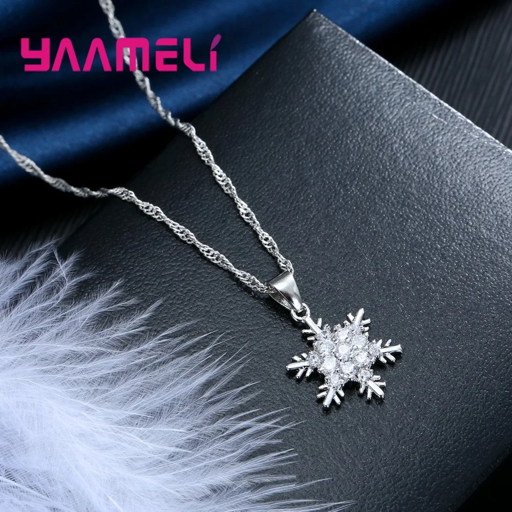 Женский Снежинка Huggie Earrngs ожерелье набор Настоящее серебро 925 пробы ювелирные