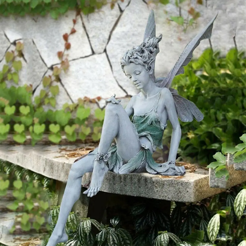 

Flower Fairy Sculpture Garden Landscaping Yard Art Angel Figurines Craft Outdoor Ornament Turek Sitting Resin Statue Decoration