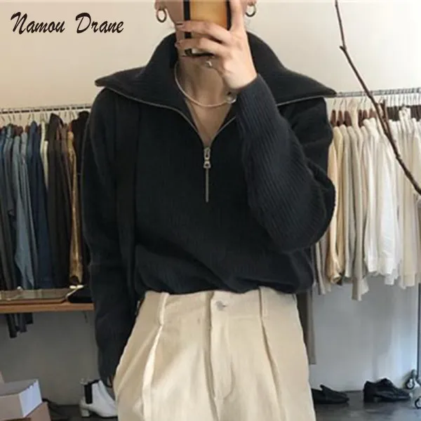 

Personality and Versatile Solid Color Big Lapel Half Zipper Autumn and Winter New 2021 Long-sleeved Knitted Sweater Women