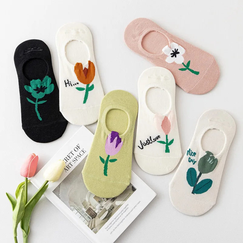 

Korean Women Cotton Invisible No Show Socks Non-slip Floral Tulip Summer Short Socks Fashion Ankle Thin Slipper Sock