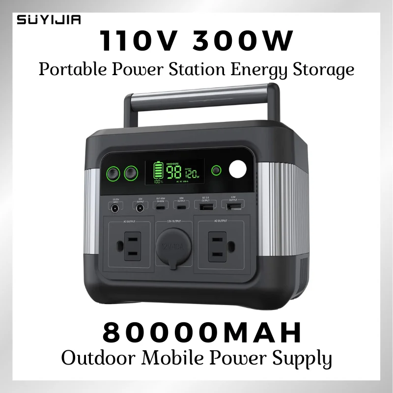 

300W Rechargeable Portable Power Station DC12V AC110V USB QC3.0 Solar Charge Portable Power Bank 80000mAh Emergency Camping
