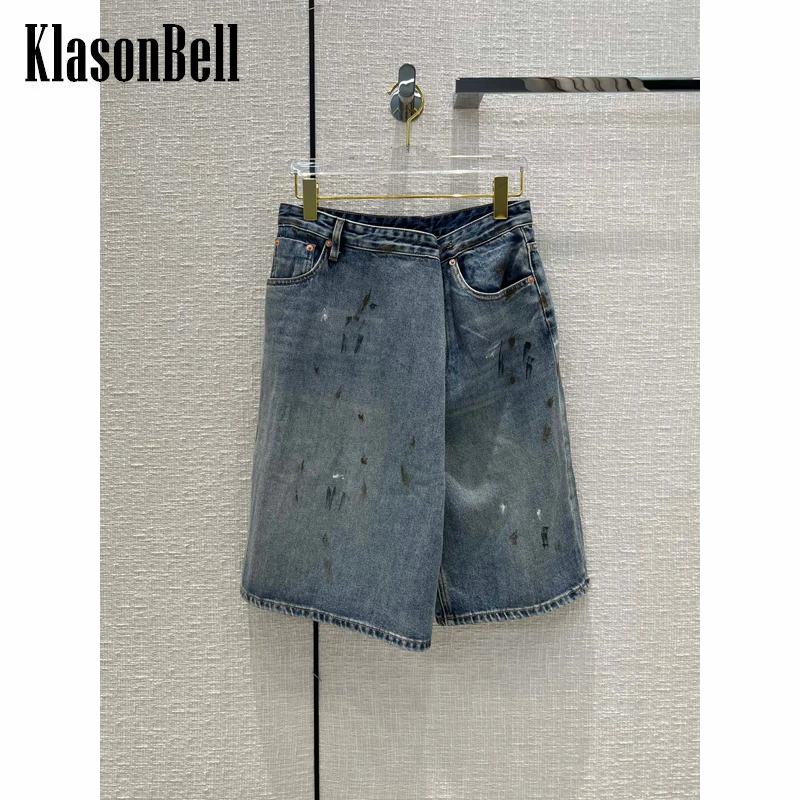 

5.13 KlasonBell High Street Irregular Mid Waist Graffiti Distressed Wide Leg Jeans Knee Length Denim Shorts Women