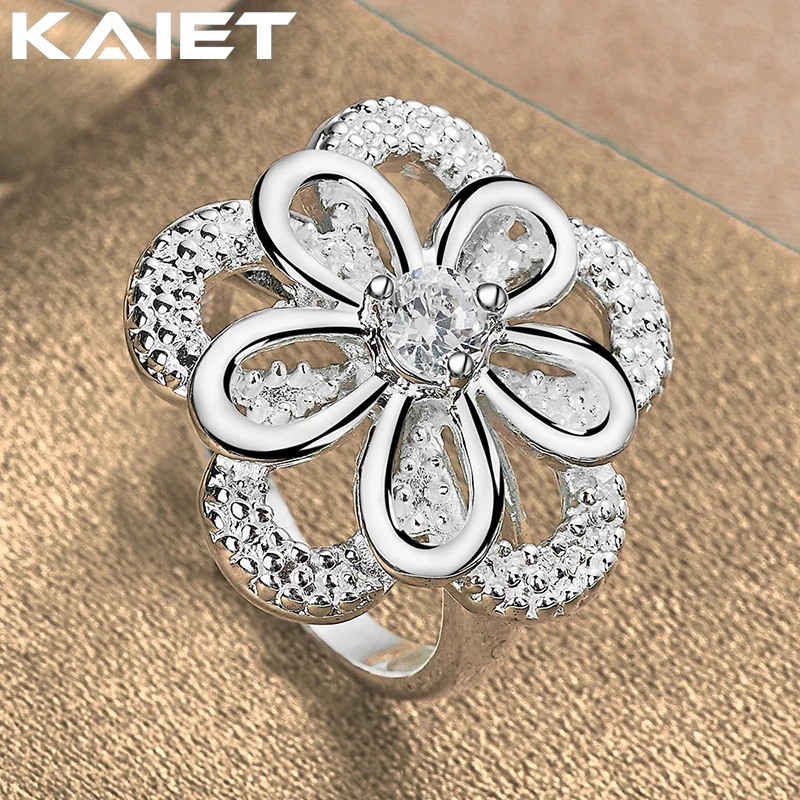 

KAIET Fashion Silver Color Double Flower Crystal 7-10# Ring Wedding Party Charm Accessories Gift For Women Jewelry