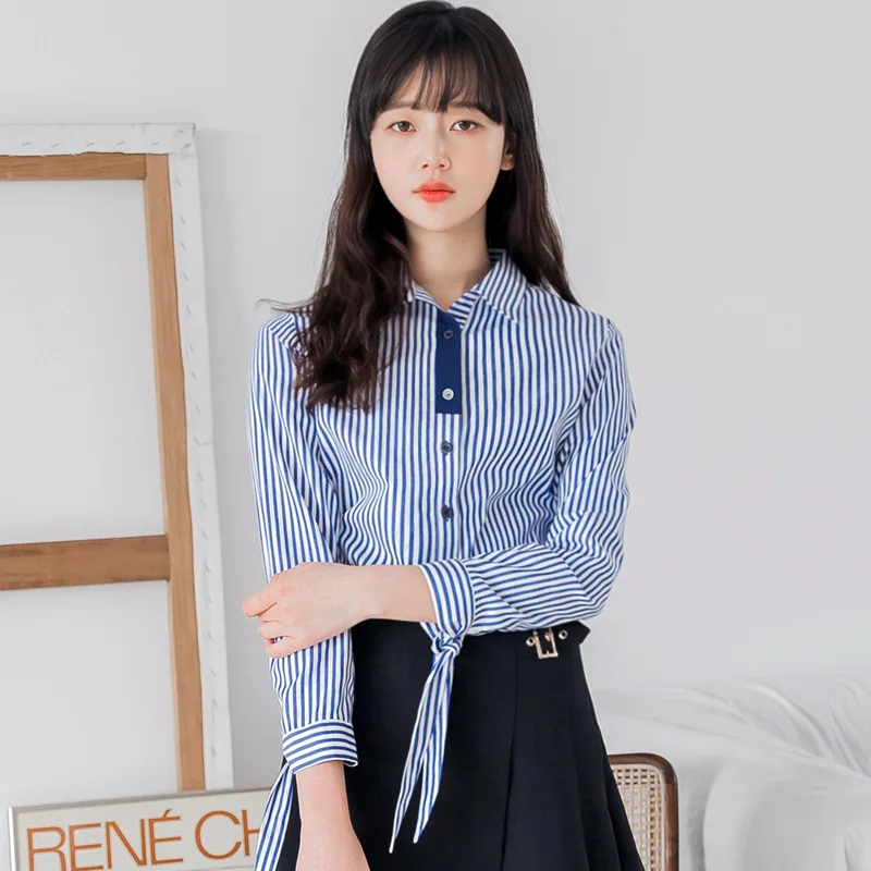 Female 2023 Spring And Autumn Korean New Blue Vertical Stripe Shirt Women'S Lapel Fashion Trend Long Sleeve Temperament Top