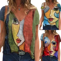 womens t shirt abstract character print top sexy v neck pullover short sleeve korean fashion all match elegant streetwear