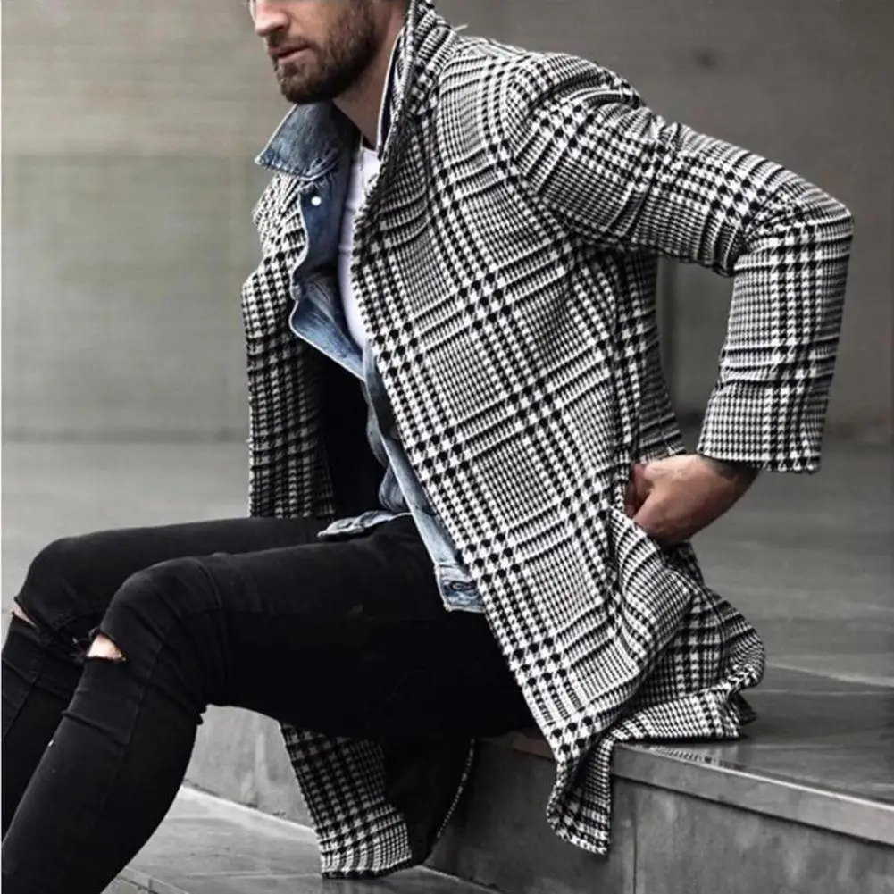

Trendy Trench Coat Autumn Winter Men Jacket Turndown Collar Checkered Single Breasted Windbreaker Dressing