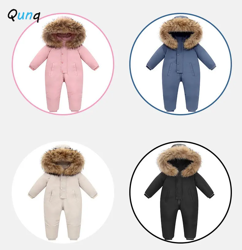 

Qunq Winter New Boys And Girls Solid Feather Hooded Long Sleeve Zipper Thick Down Feather Romper Casual Kids Clouthes Age 1T-6T