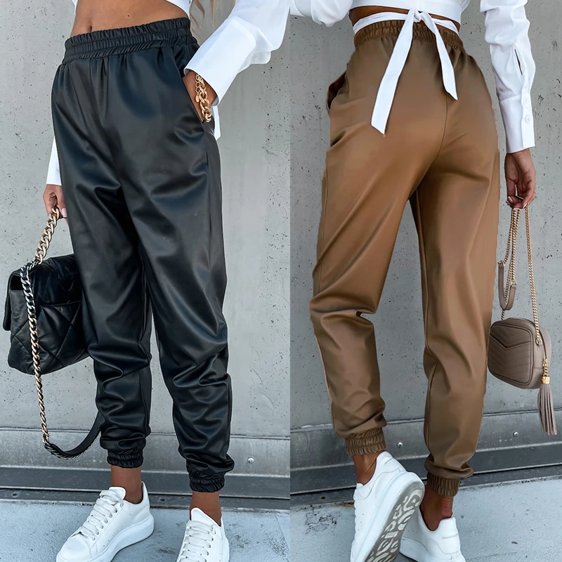 

Kayotuas Women Pants PU Leather Pleated Spring Autumn Black Khaki Ladies Casual Streetwear Girls Vintage Clothes 90s