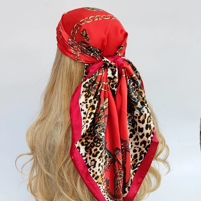 

New Pattern Silk Scarves Women Lotus Print Square Head Hijab Scarf Ladies Luxury Brand Shawls 90cm Bandana female muffl poncho