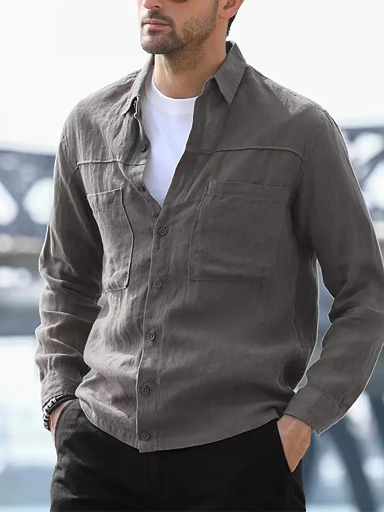 

2022 Mens Casual Shirts Summer Long Sleeve Slim Fit Solid Polo Shirt Tops Male All Match Single-breasted Buttoned Tee T-shirts