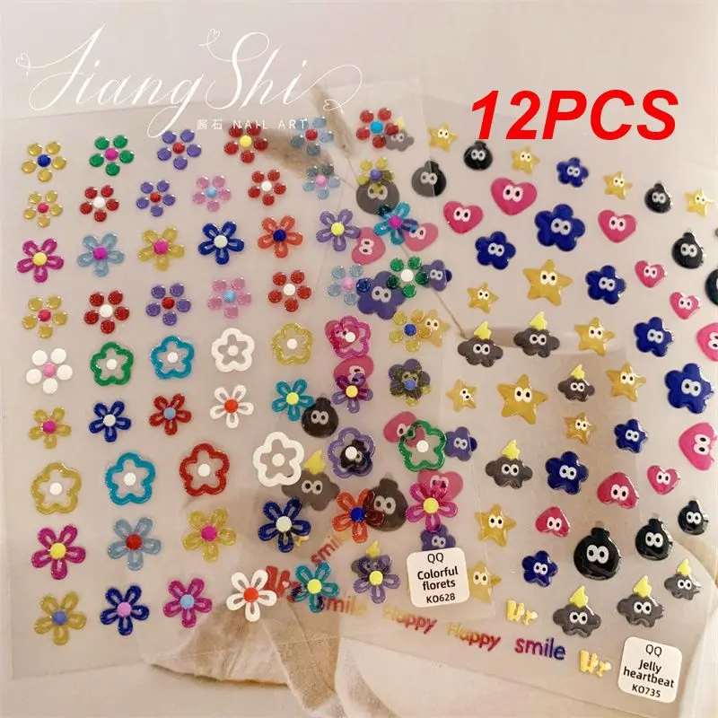

12PCS Nail Art Sticker 5D Realistic Fake Nails Jelly Cute Cartoon Face Expression Letter Adhesive Decal Nail Decoration Manicure