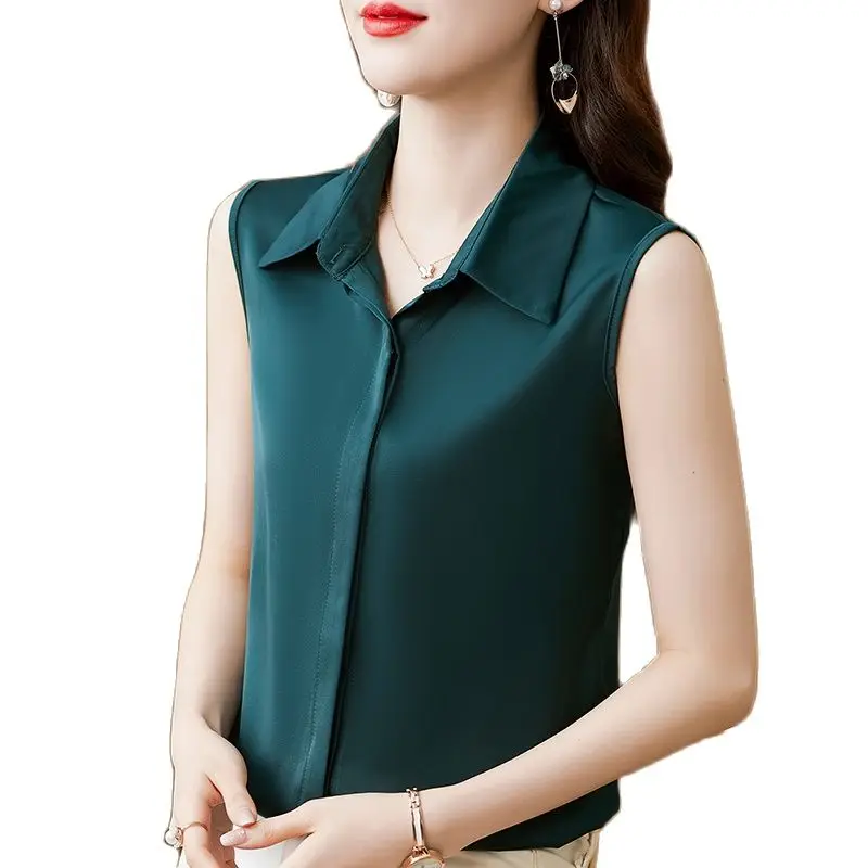 

Korean Fashion SILK Women Shirts Turn-down Collar SATIN Office Lady Button Up Shirt Sleeveless Camisa Blanca Mujer Vintage Top