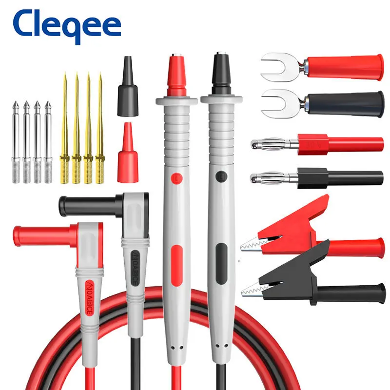 

Cleqee P1503B, 18 шт., комплект тестовых проводов для мультиметра с зажимом типа «крокодил», сменные игольчатые зонды 1 мм/2 мм, кабель 120 см, 1000 В