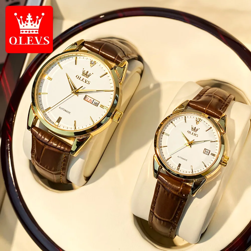 OLEVS 6629 Waterproof Fashion Watches for Couple Automatic Mechanical Genuine Leather Strap Full-automatic Couple  Wristwatch