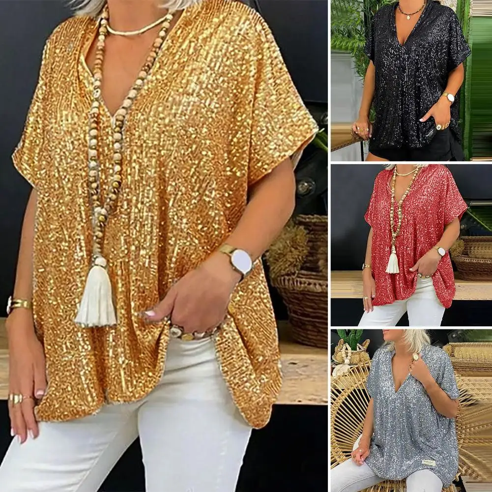 

Trendy Loose Tops Short Sleeve Comfortable Tee Top Lady Night Club Sequins T-shirt