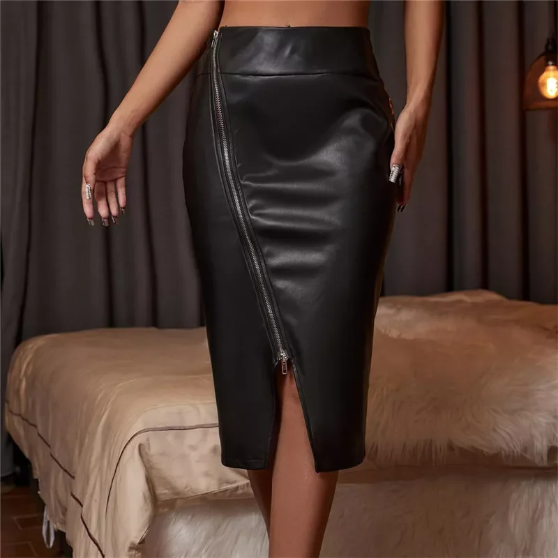 

New in Tree Autumn Summer Women Front Zip Up Skirts High Split Office Lady Black PU Leather Skirts Sexy High Waist Pencil Skirts