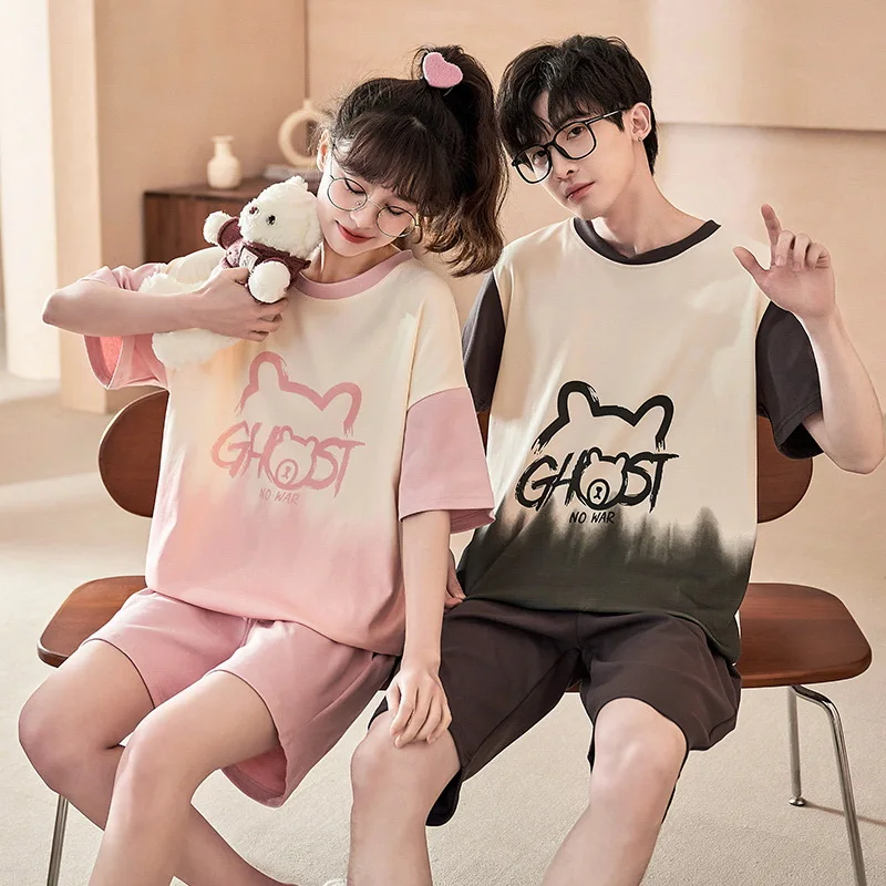 Couple Pajamas Sets Summer Pijamas Cartoon Pyjamas Combed Cotton Lougewear Short Sleeved Men and Women Sleepwear Lover Homewear