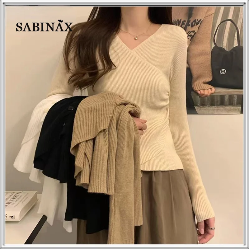 

SABINAX High-Quality Solid Color Bottoming Shirt Women's Fashion V-Neck Knitted Sweater Slim Short Knitted Top