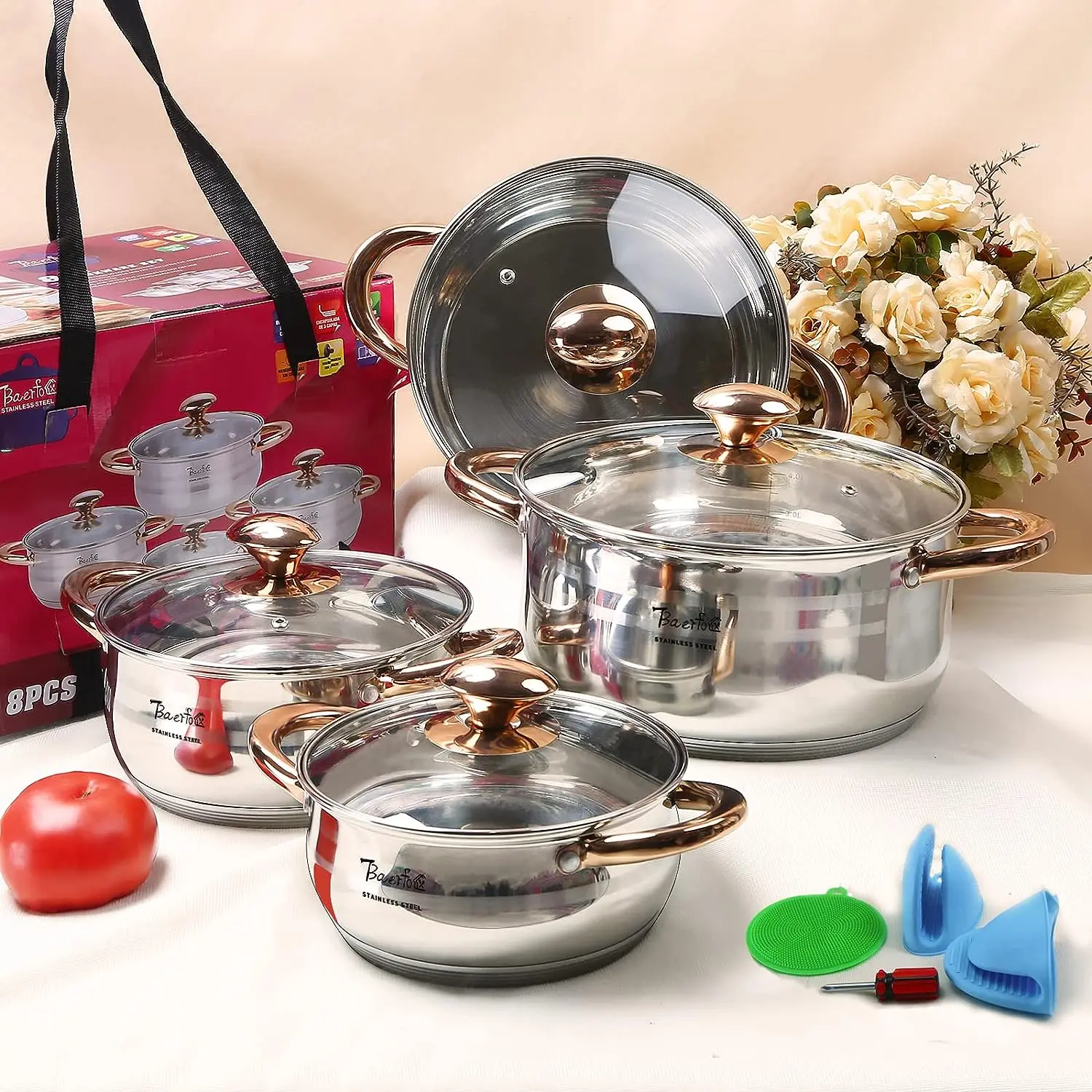 

Version 8 Pcs Pots Set Nonstick,Premium Stainless Steel Pots,Pot Sets for Cooking Nonstick Clearance with Stainless Steel Handle