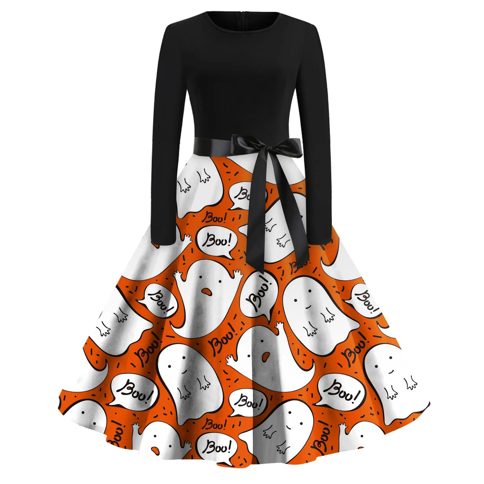

Clothes For Women Elegant Halloween Ghost Printed Round Neck Long Sleeve With Belt Fashion Clothes For Women Dress Sale Vestidos
