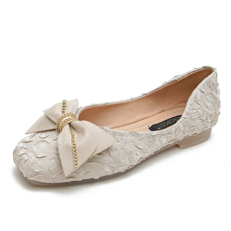 

Fairy Wind Bow Pearl Rhinestone Square Button Women Shoes 2022 Spring Summer New Satin Shallow Women Flats