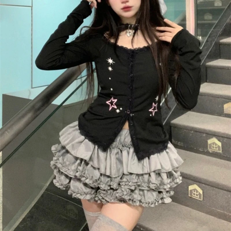 

Y2K 2000s рубашки женская готическая Повседневная пикантная тонкая кружевная блузка с квадратным вырезом кавайная Японская уличная одежда в стиле Харадзюку топы для девочек