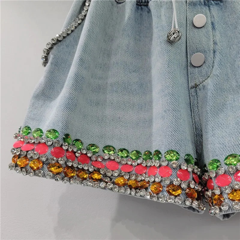 Fashion Heavy Industry Beads High Waist Shorts Slimming Wide-Leg Casual Loose Shorts High Street Style Denim Shorts for Women
