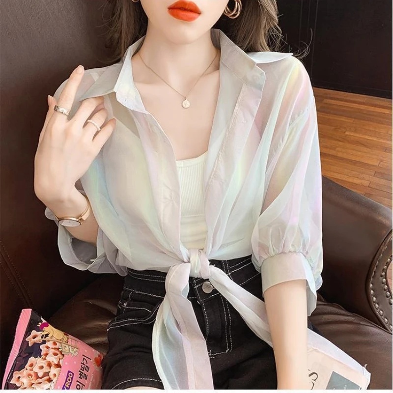 Женский солнцезащитный кардиган с воротником-поло тонкая модная Корейская