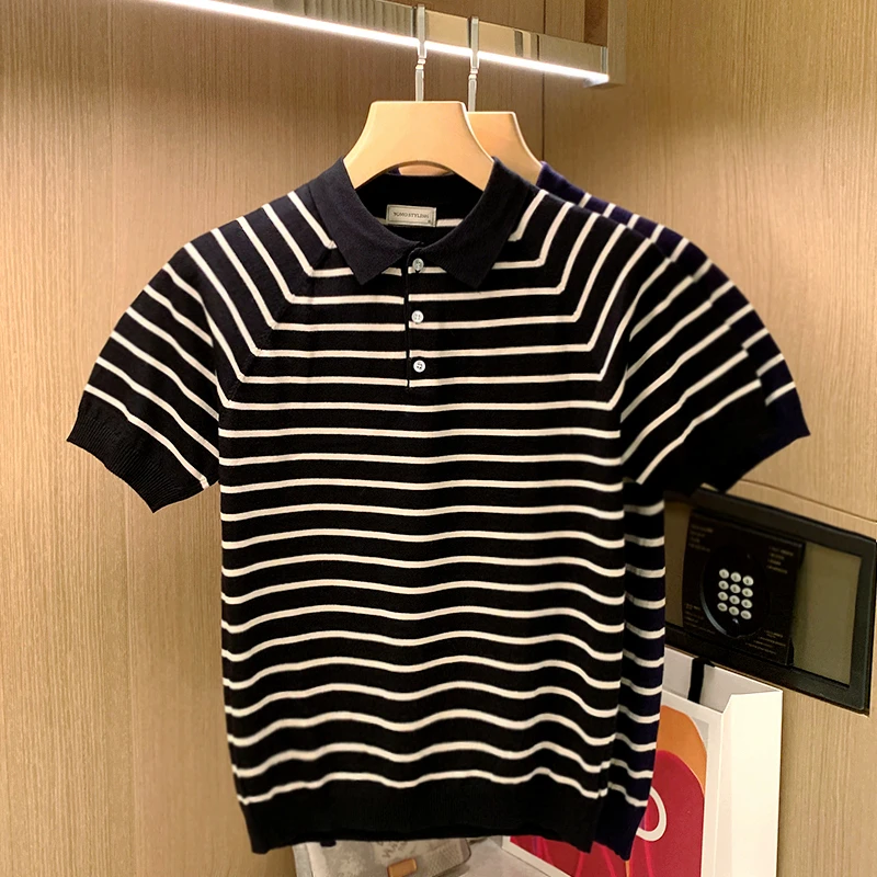 

Men Striped Knitted Polo T-Shirt Stripes Top Tees Male Fashion Short Sleeve Lapel Ice Silk Casual Slim Fit Social C86