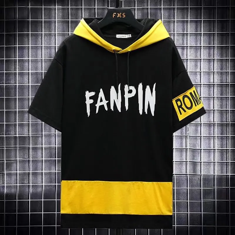 

2022 Summer Men's Hoodies Japan Fashion Streetwear Short Sleeve Sweatshirt Men Casual Harajuku Men Clothed Patchwork Hoodies Men