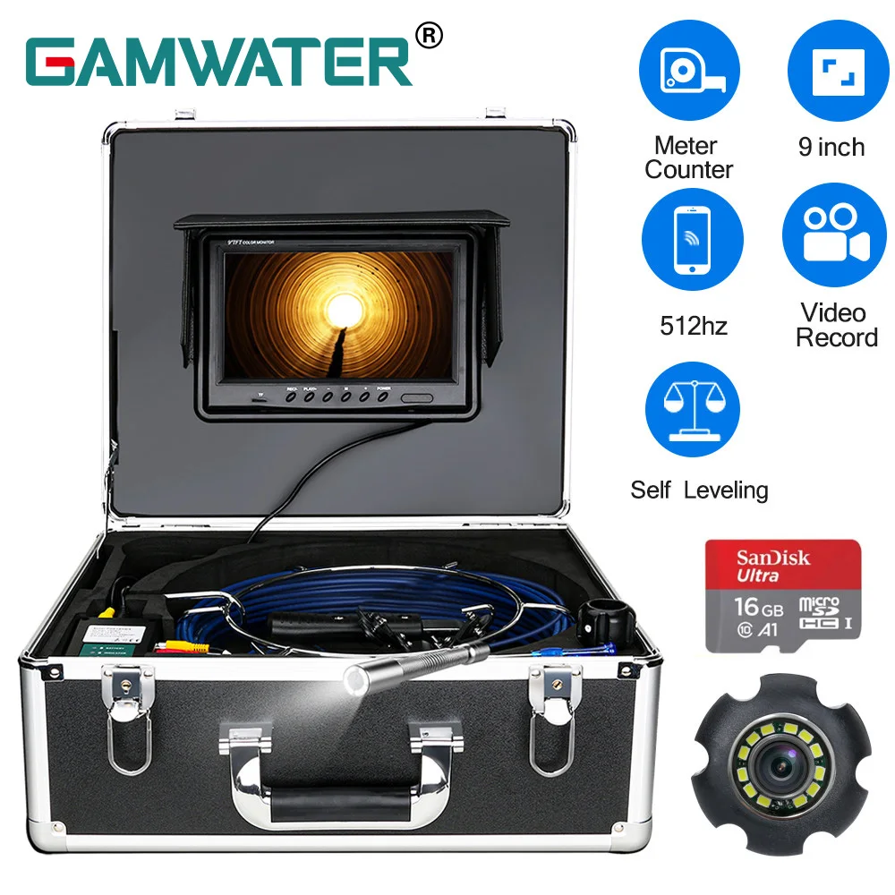

9" DVR Sewer Pipe Inspection Camera with Meter Counter Auto Self Leveling 512HZ Pipe Locator Pipeline Industrial Endoscope