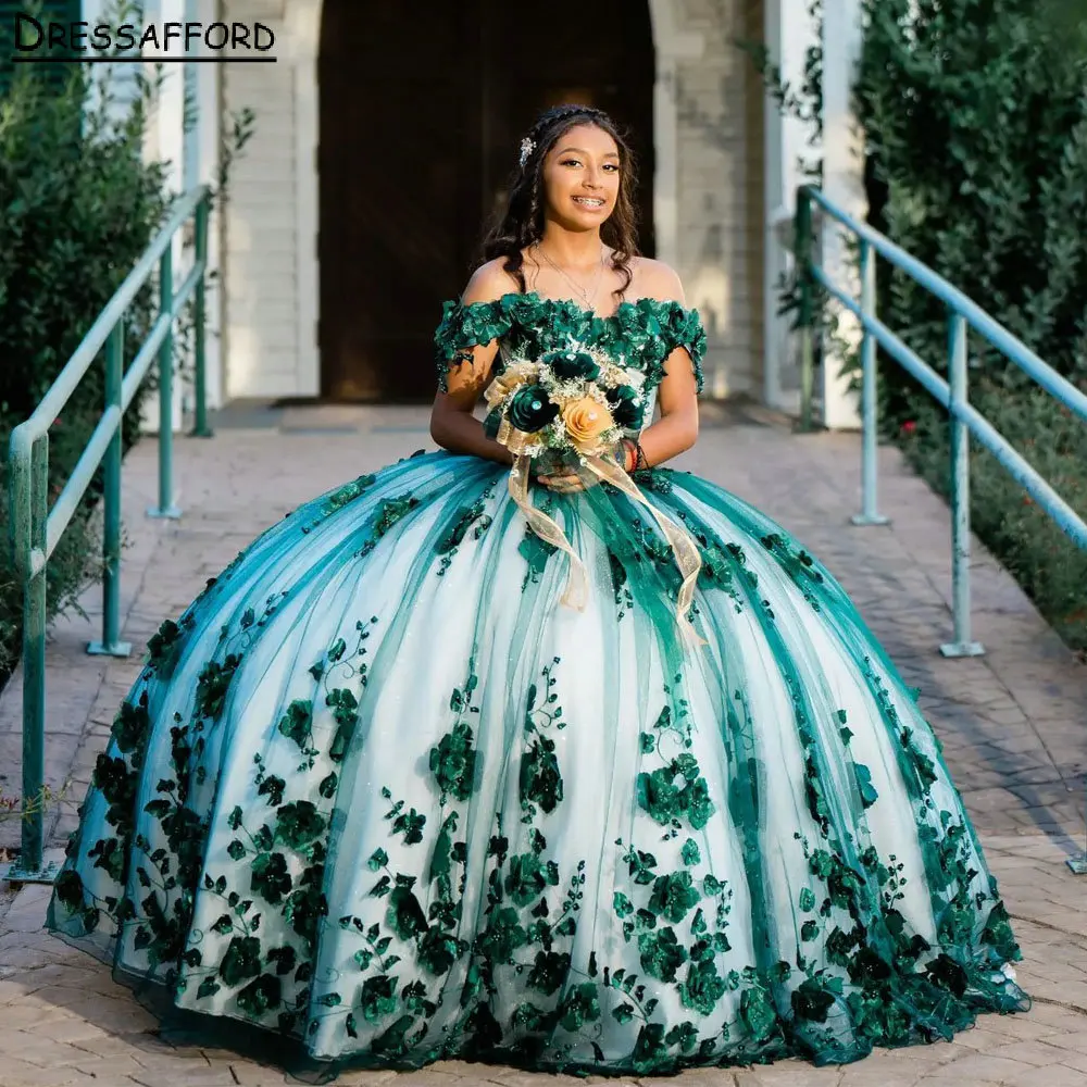 

Изумрудно-зеленый корсет с 3D цветами платье для Quinceanera бальное платье без рукавов с жемчугом Выпускной 7-е платье для XV лет
