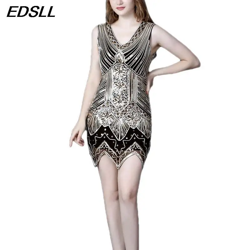 

Женское винтажное танцевальное платье с блестками, маленькое платье с двойным V-образным вырезом, банкетное платье, вечернее платье для выступлений