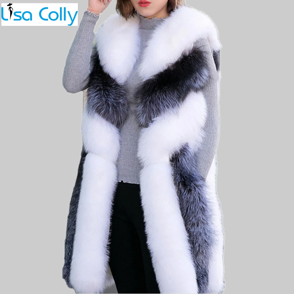 Lisa Colly Women Long Artifical Fox Fur Vest Women Winter Fashion Faux Fox Fur Vest Jacket Woman Warm Fake Fox Fur Coat Overcoat