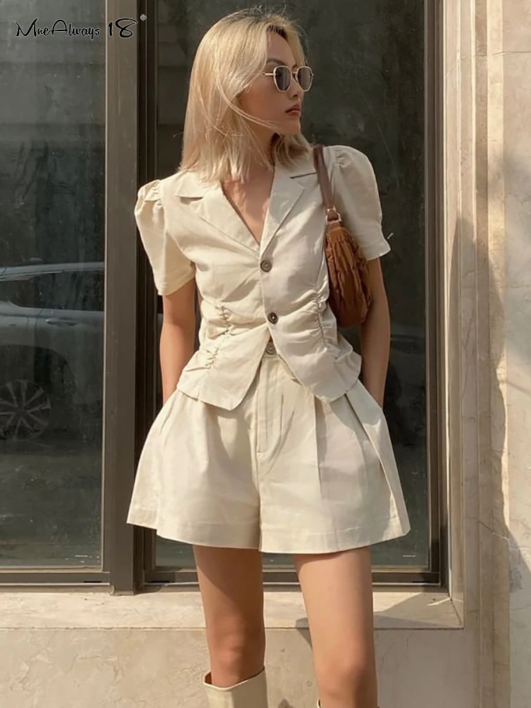 

Mnealways18 Puff Sleeves Khaki Outfit Summer Women 2 Piece Shorts Set Ruched Tops And Wide Leg Shorts Cotton Linen Suits Lapel