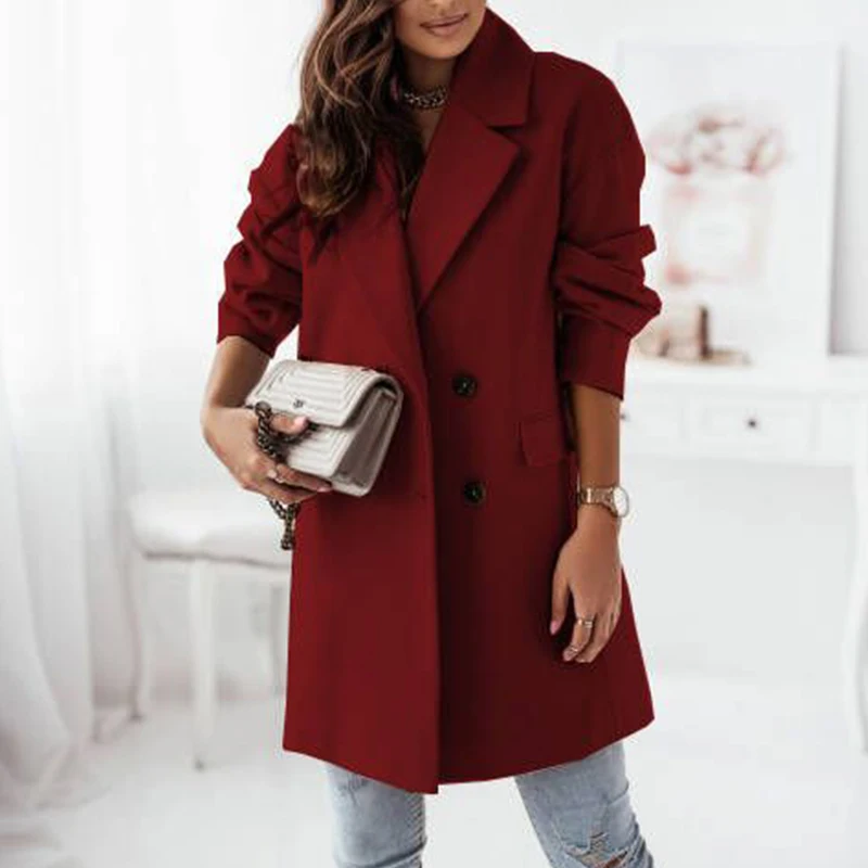 

Fashion Women Notched Collar Long Outcoats Elegant Long Sleeve Loose Blazer Jackets 2022 New Autumn Double Breasted Cardigan