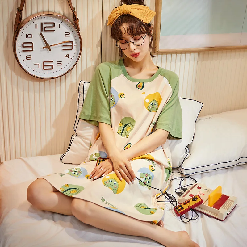 Summer Knitted Cotton Women Nightgown Short Sleeve Cartoon Sweet Soft Female Nightdress Loose  Girls Nightwear