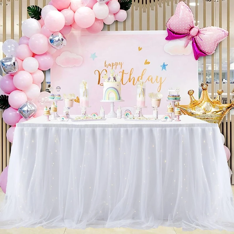 

Sheer Table Skirt Tablecloth 3-Ply with LED Lights Premium Gold Edge Wedding Party Cake Table Decoration
