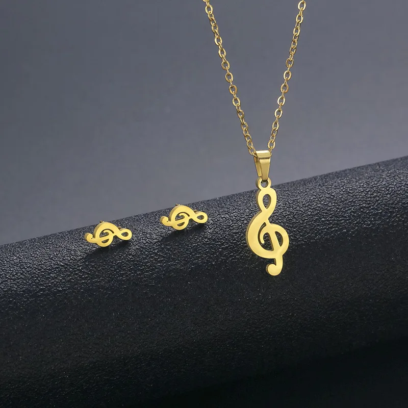 

2023 Hot Sale Women's Necklace Earring Studs Fashion Music Note Necklace Ear Studs Golden Stainless Steel Jewelry Set