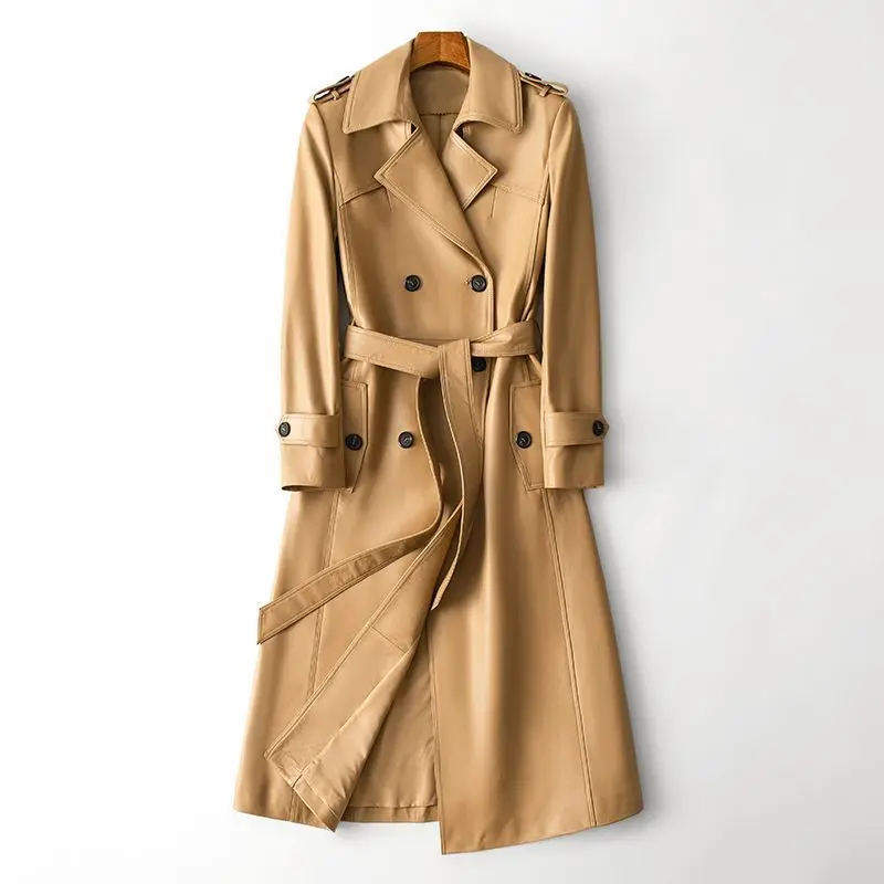 

Женское длинное пальто из овечьей кожи, двубортное пальто из натуральной кожи на шнуровке с воротником с лацканами, осень 100%