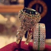2pcsset fashion gold color hip hop ring for women exquisite inlaid zircon green crystal wedding rings bridal engagement jewelry