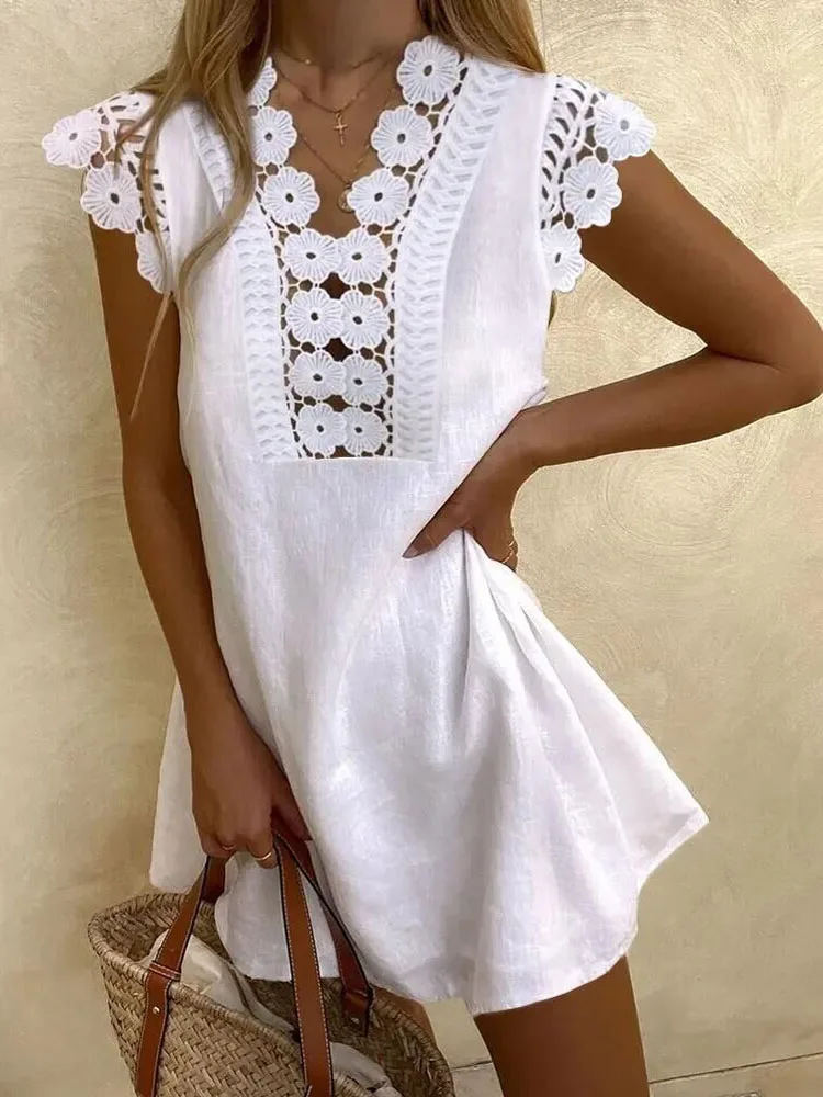 

Женское модное однотонное платье из хлопка и льна, лето 2022, повседневное вечерние ничное платье без рукавов, женское элегантное свободное п...