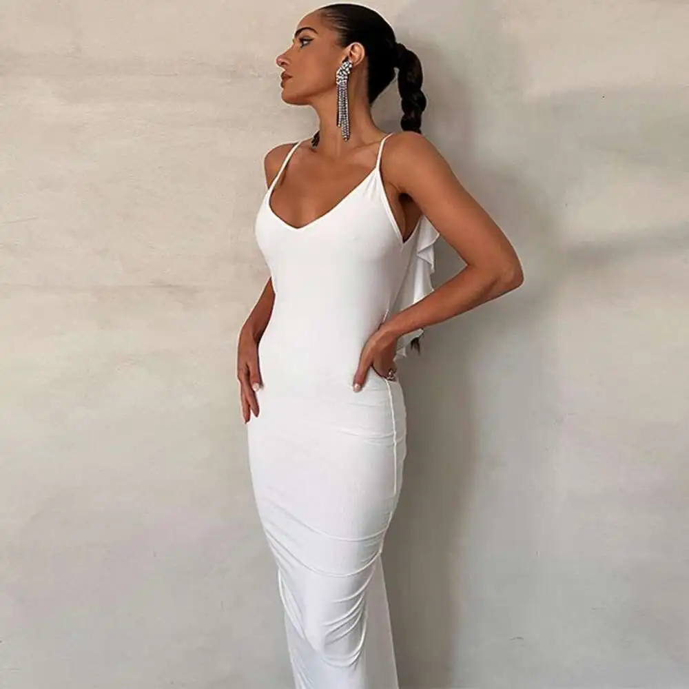 

Womens Clothing Wholesale Spring Style Pure Color Halter Backless Slim Fit Pleated Sexy Long Dress