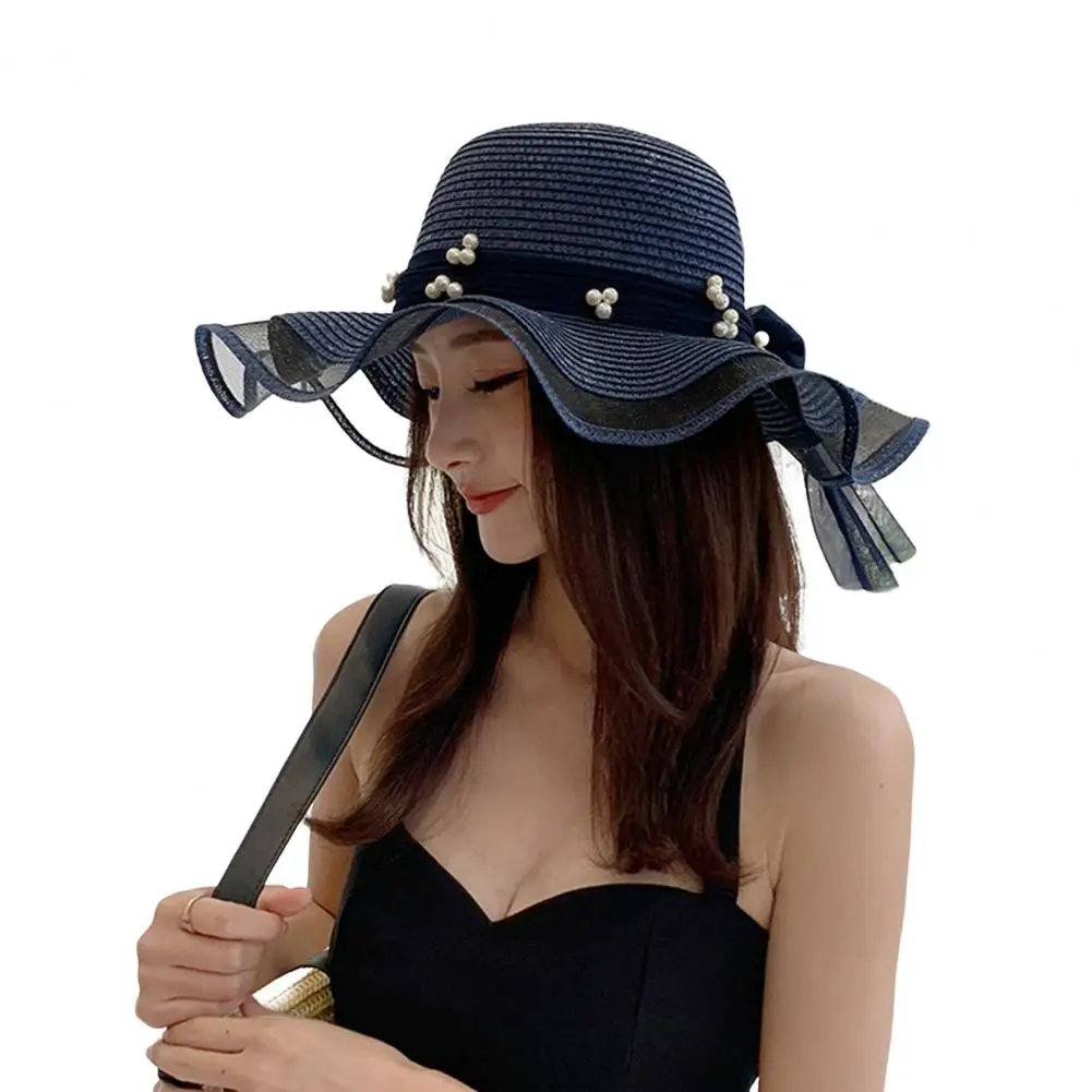 

Women Sun Hat Large Brim Breathable Folding Comfortable Packable Sun Protection Ruffle Edge Bow Ribbon Faux Pearl Decor Summer B
