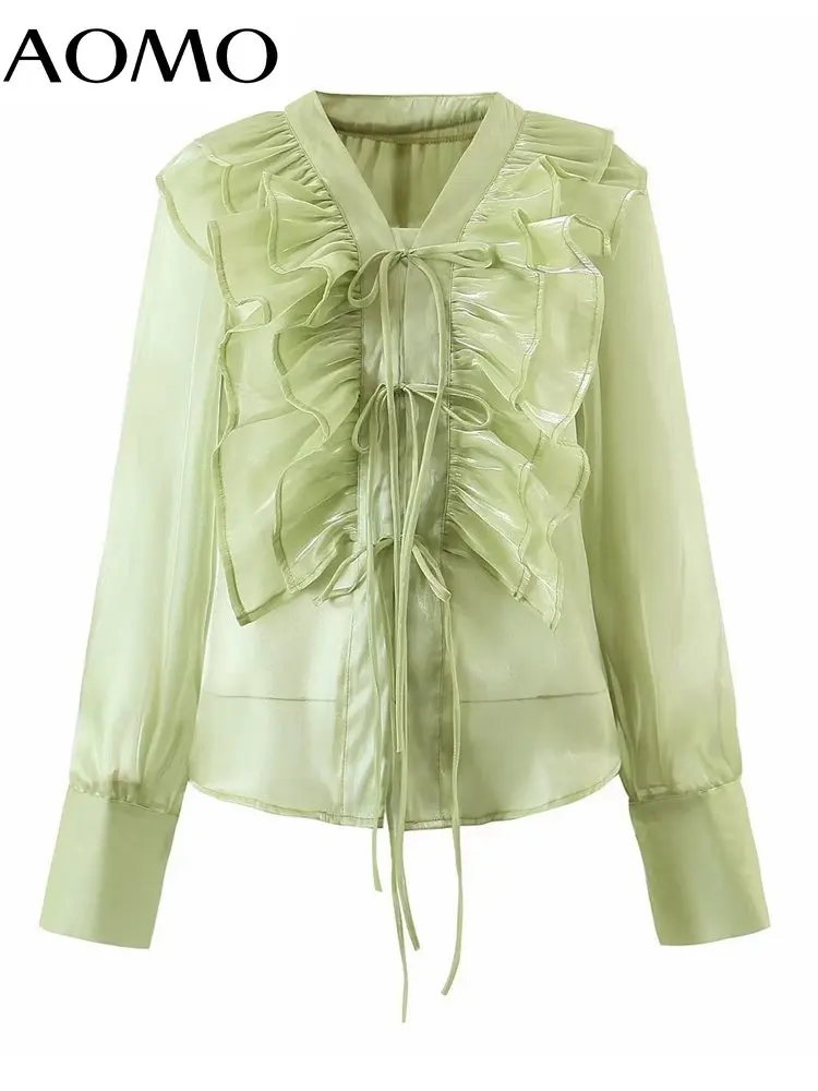 

AOMO Women Retro Green Ruffles Shirt Long Sleeve Chic Female Blouse Shirt Tops DZ72A