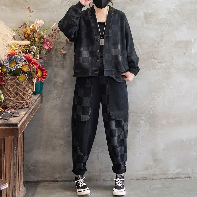 

2022 Women Denim Two-piece Suit Spring Korean Loose Large Size Jacket + Casual Jeans Pants Suit Female 2 Piece Set Clothing E307