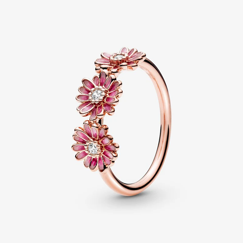 

Comfortable to Wear 925 Solid Silver Rose Pink Daisy Flower Trio Ring Original Women Jewelry Gift For Daily Life Scenes