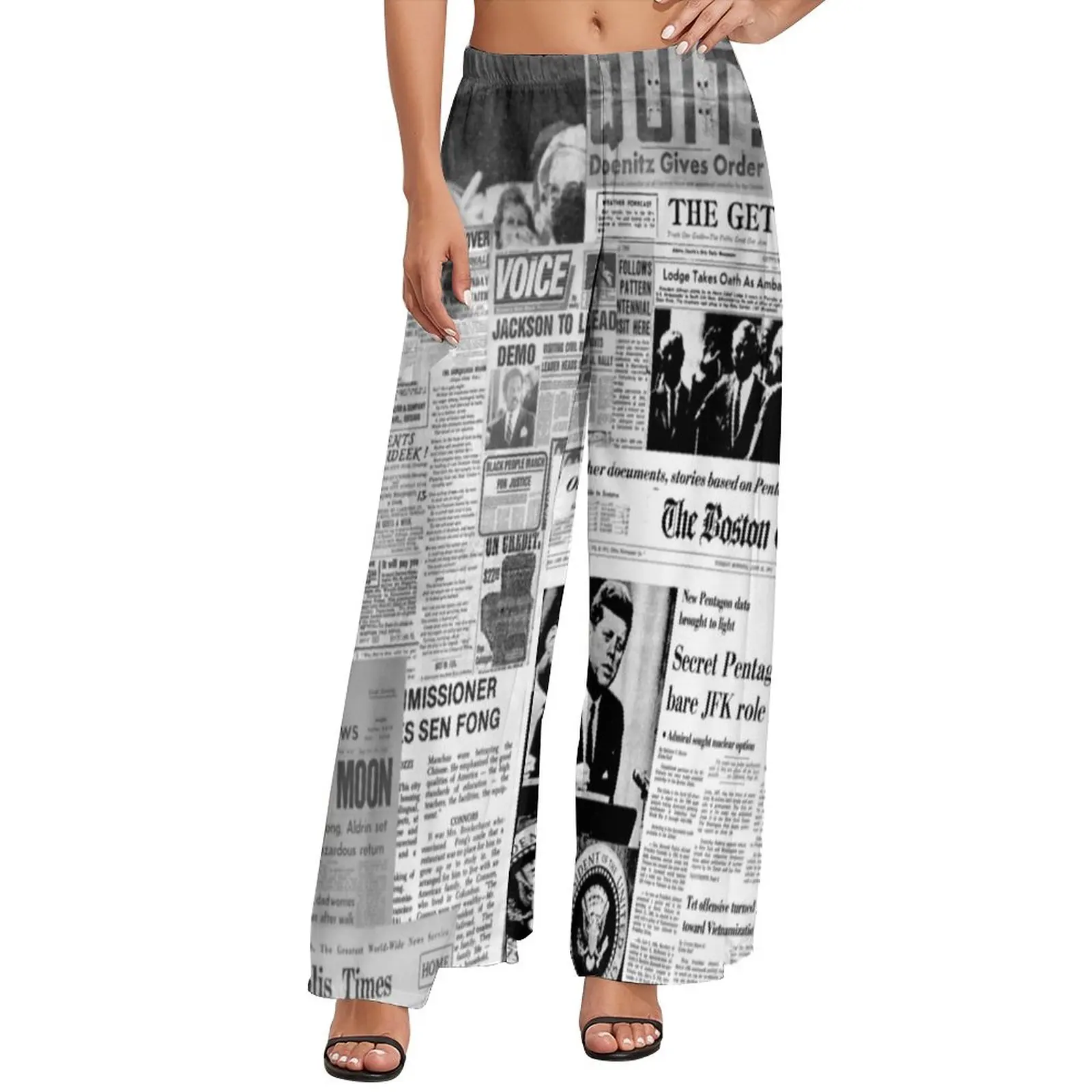 

Newspaper Collage Pants Women Old American Newspapers Beach Trousers High Waist Classic Wide Pants Gift