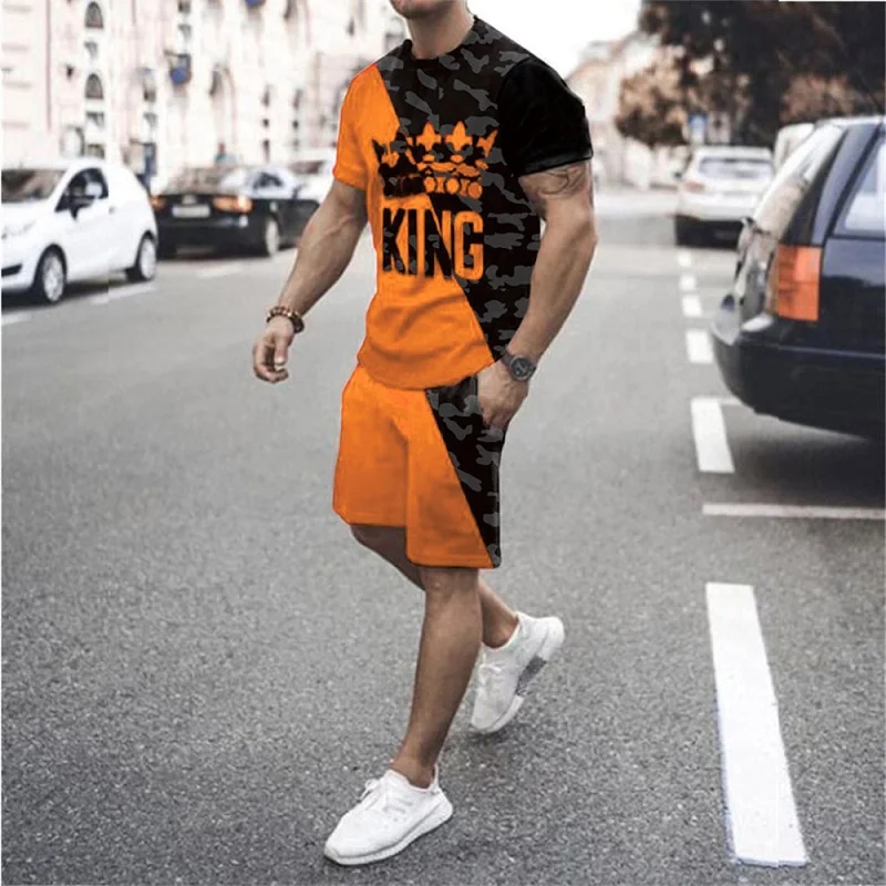 King K Camo Print Men's Suit Summer Fashion Streetwear Set High Street T-shirt + Shorts 2 Piece Tracksuits Set Casual Sportswear